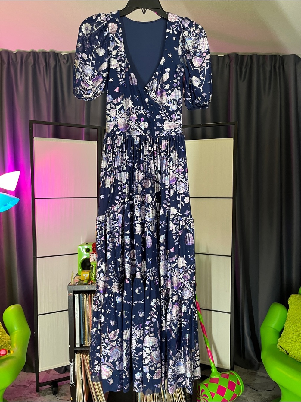 Navy Floral V-Neck Tiered Maxi Dress